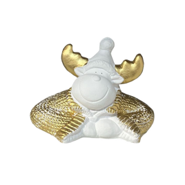 Figurka leżąca renifer betonowa biało-złota 14cm