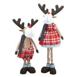 Dekoracja świąteczna renifer na teleskopowych nogach w szarym szaliku 81 cm