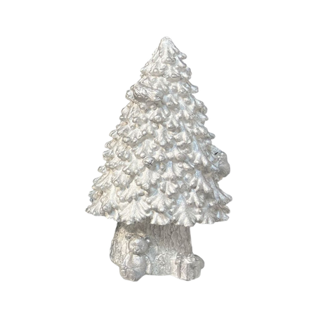 Figurka betonowa miś pod choinką biało-srebrna