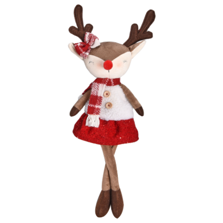 Dekoracja świąteczna renifer z czerwonym szalikiem siedzący 61 cm